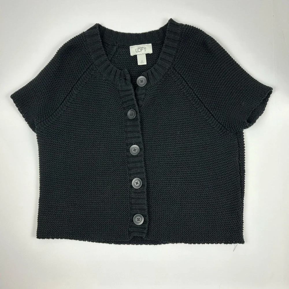 LOFT Black Short Sleeve Knit Button Front Cardigan